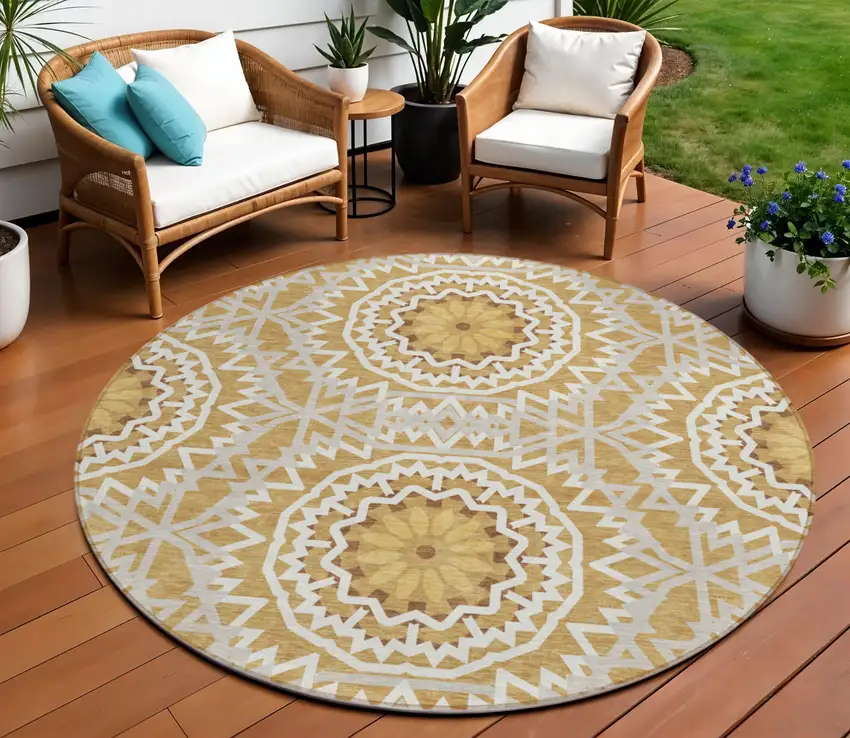 8' Gold Gray And Ivory Round Floral Medallion Washable Indoor Outdoor Area Rug Photo 1