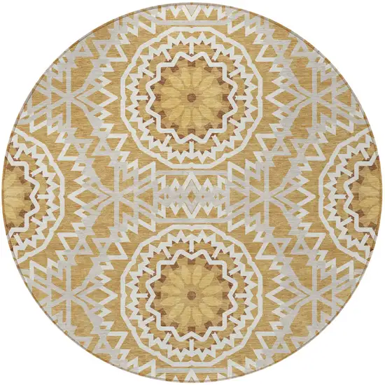 8' Gold Gray And Ivory Round Floral Medallion Washable Indoor Outdoor Area Rug Photo 6