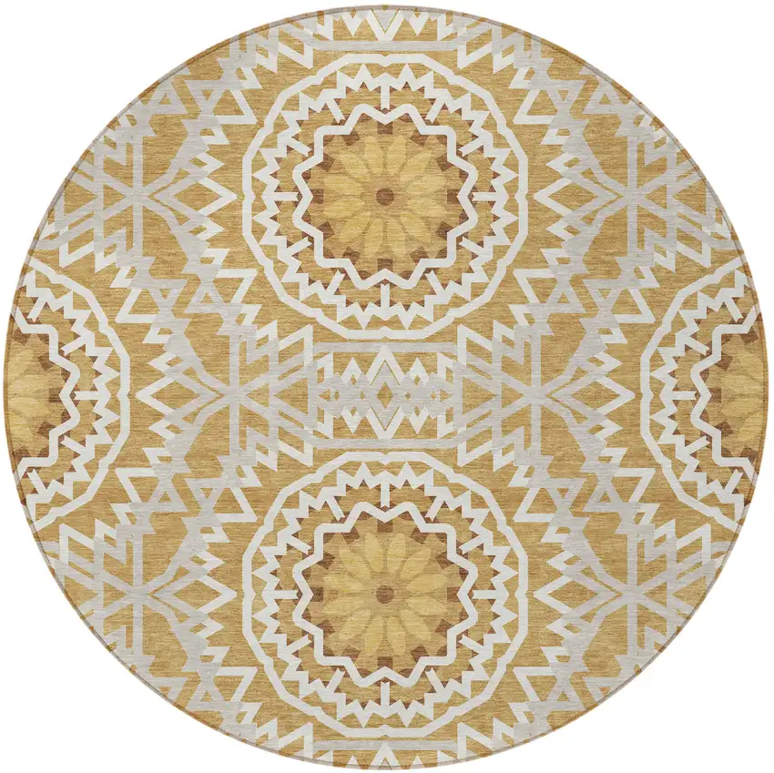 8' Gold Gray And Ivory Round Floral Medallion Washable Indoor Outdoor Area Rug Photo 6