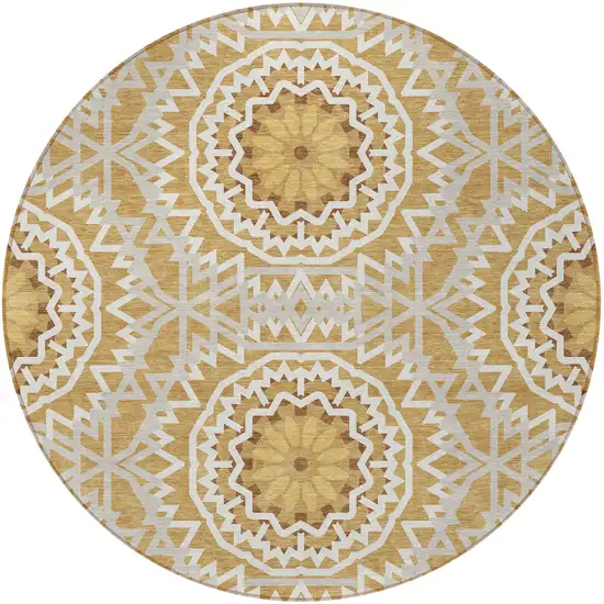 8' Gold Gray And Ivory Round Floral Medallion Washable Indoor Outdoor Area Rug Photo 6
