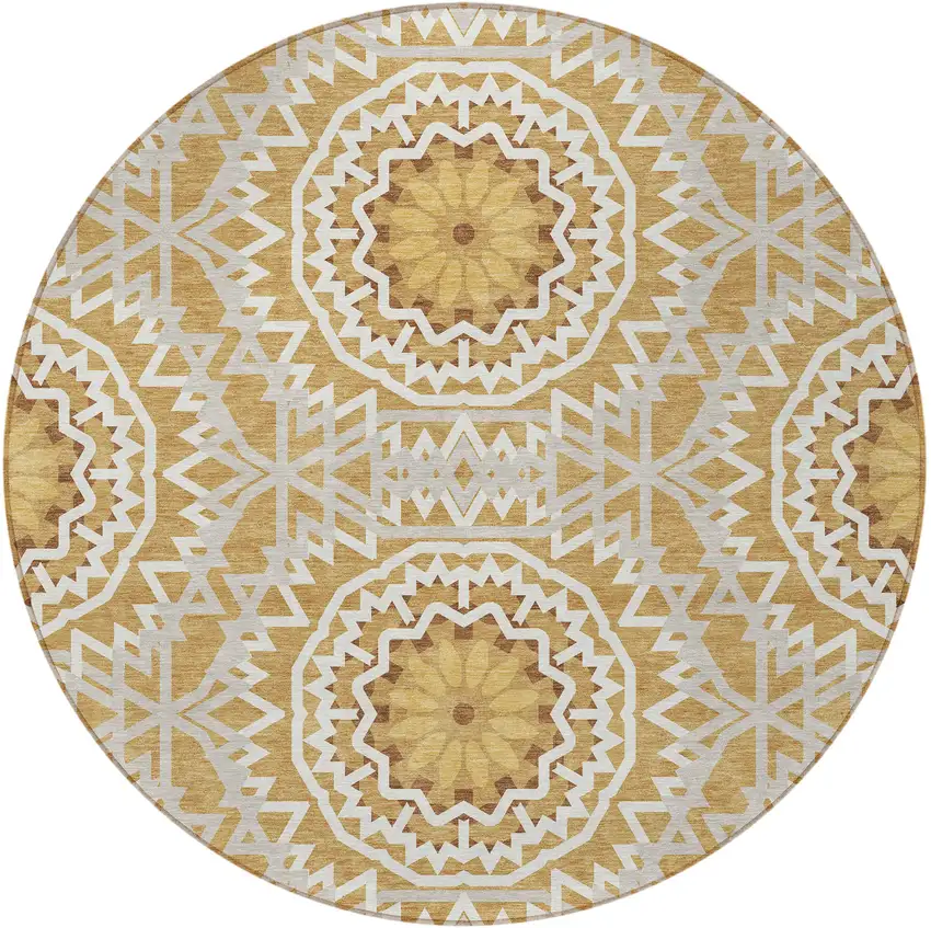 8' Gold Gray And Ivory Round Floral Medallion Washable Indoor Outdoor Area Rug Photo 6