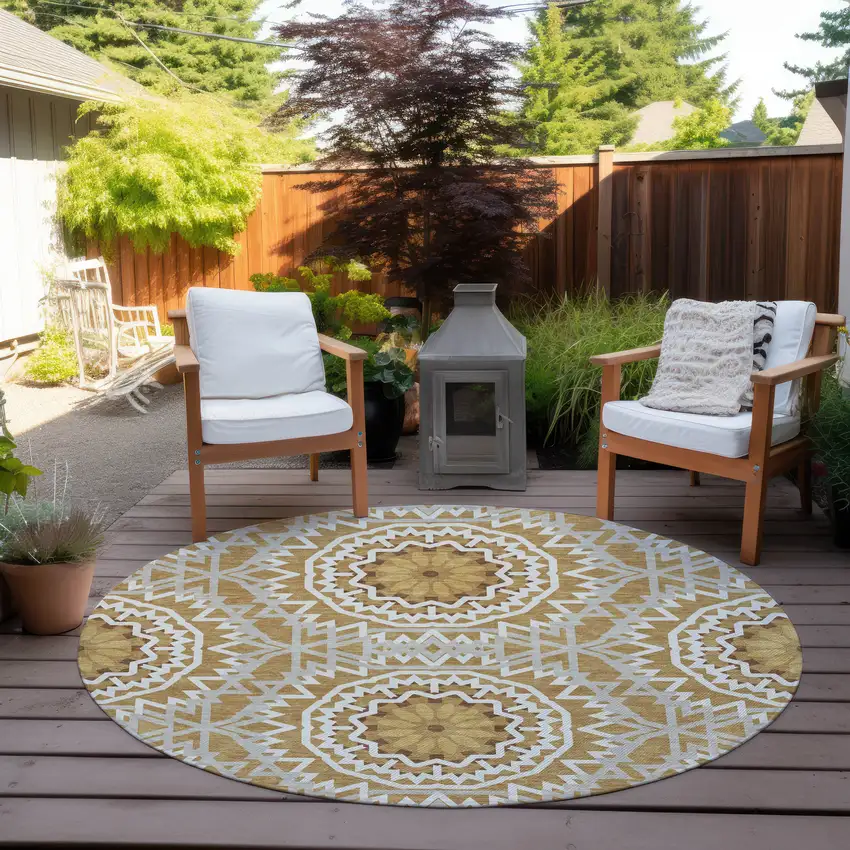 8' Gold Gray And Ivory Round Floral Medallion Washable Indoor Outdoor Area Rug Photo 7