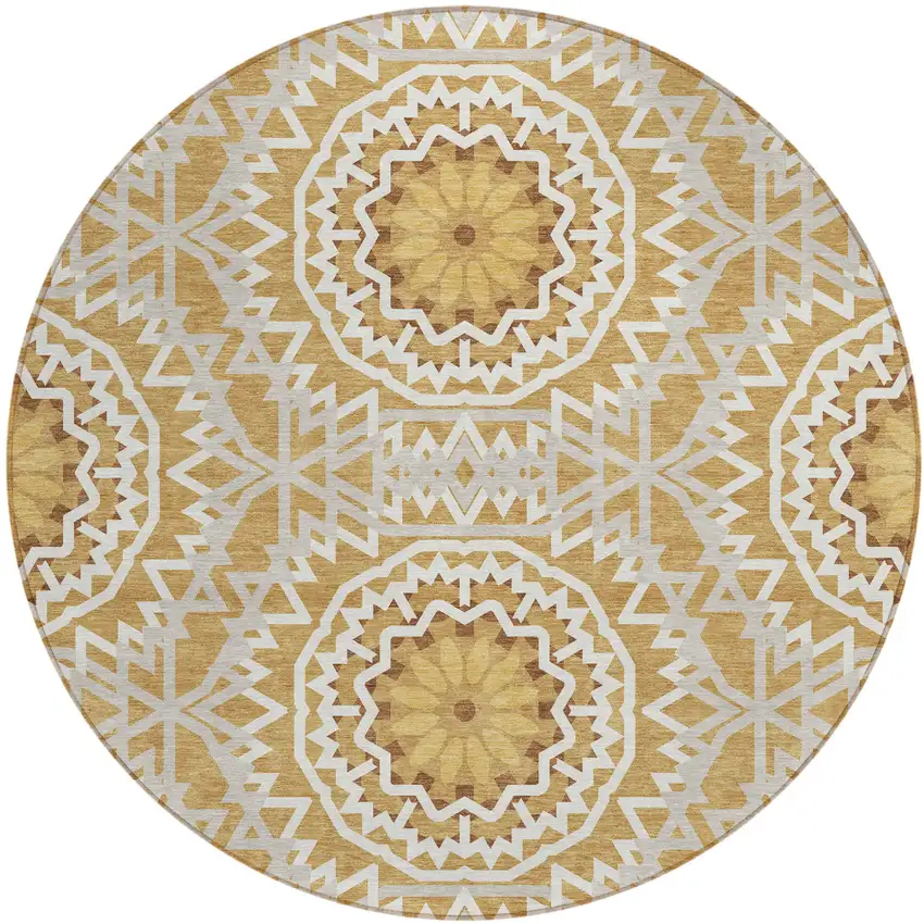 8' Gold Gray And Ivory Round Floral Medallion Washable Indoor Outdoor Area Rug Photo 2