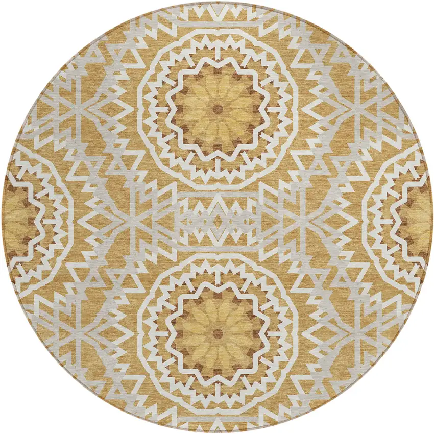 8' Gold Gray And Ivory Round Floral Medallion Washable Indoor Outdoor Area Rug Photo 2