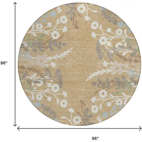 8' Gold Gray And Ivory Round Floral Washable Indoor Outdoor Area Rug Photo 3