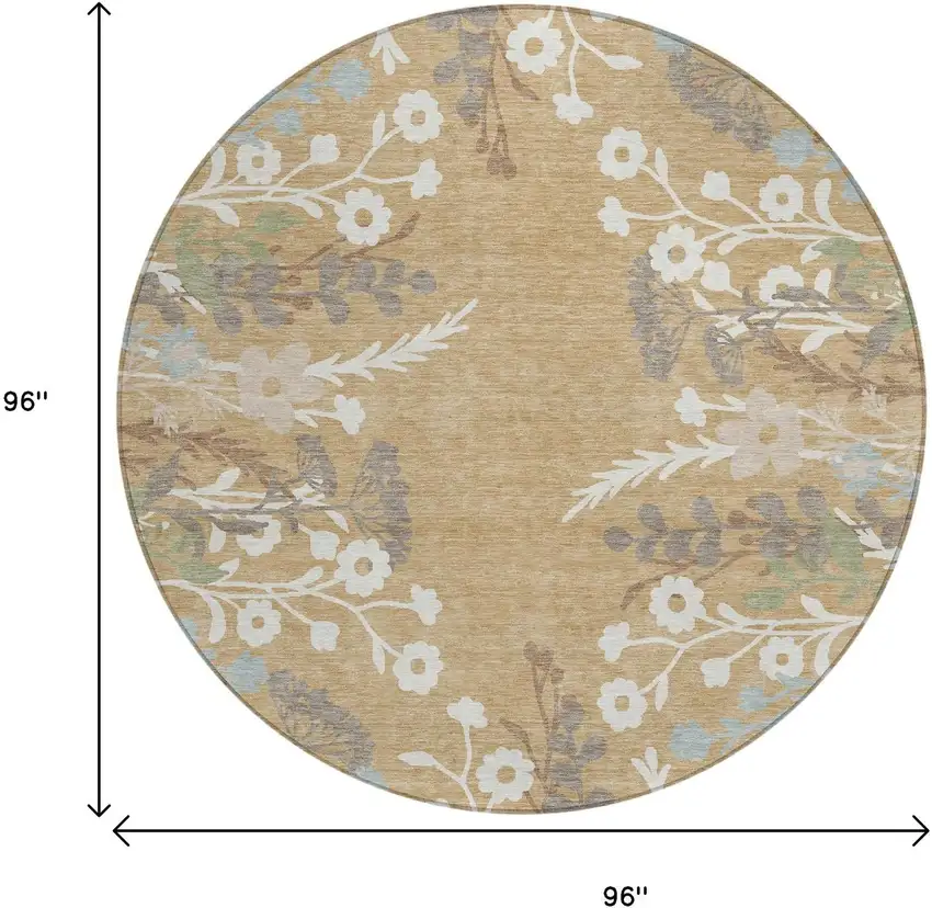 8' Gold Gray And Ivory Round Floral Washable Indoor Outdoor Area Rug Photo 3