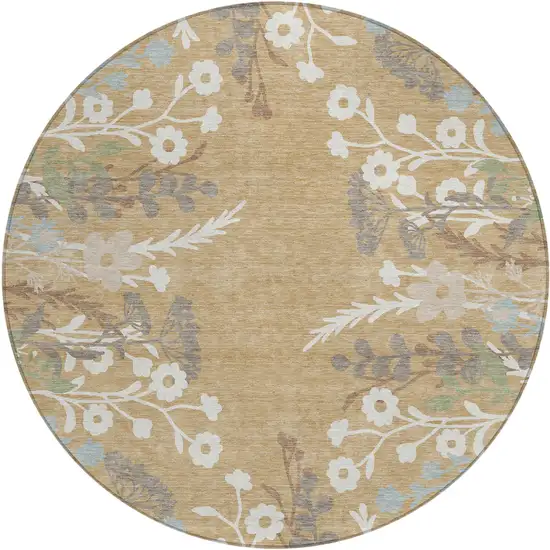 8' Gold Gray And Ivory Round Floral Washable Indoor Outdoor Area Rug Photo 2