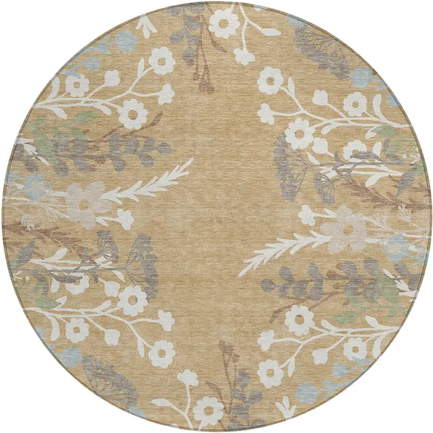 8' Gold Gray And Ivory Round Floral Washable Indoor Outdoor Area Rug Photo 2