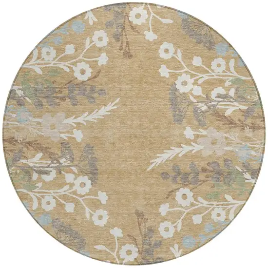 8' Gold Gray And Ivory Round Floral Washable Indoor Outdoor Area Rug Photo 4