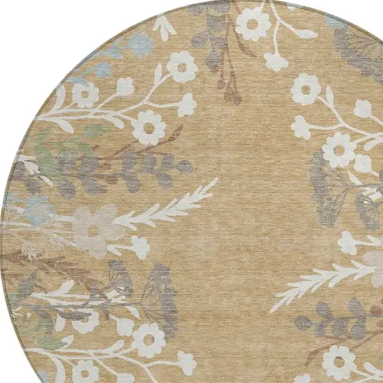 8' Gold Gray And Ivory Round Floral Washable Indoor Outdoor Area Rug Photo 7