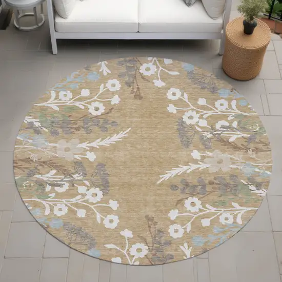 8' Gold Gray And Ivory Round Floral Washable Indoor Outdoor Area Rug Photo 8