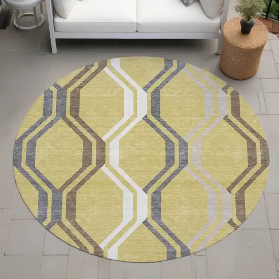8' Gold Gray And Ivory Round Geometric Washable Indoor Outdoor Area Rug Photo 8