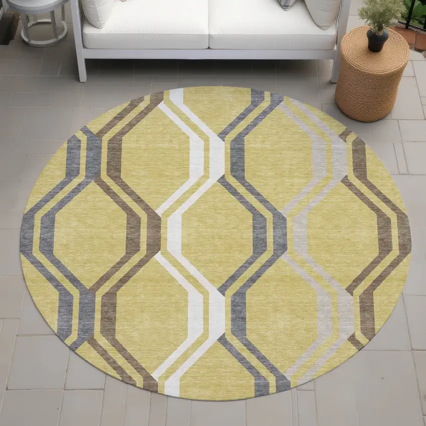 8' Gold Gray And Ivory Round Geometric Washable Indoor Outdoor Area Rug Photo 8