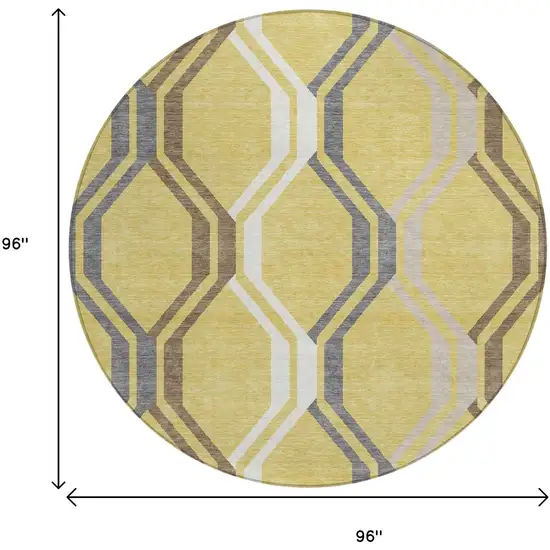 8' Gold Gray And Ivory Round Geometric Washable Indoor Outdoor Area Rug Photo 3