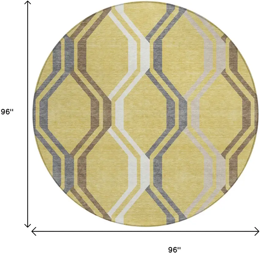 8' Gold Gray And Ivory Round Geometric Washable Indoor Outdoor Area Rug Photo 3