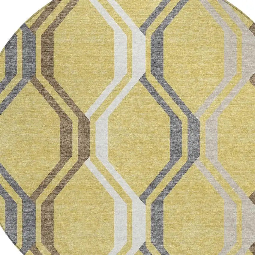 8' Gold Gray And Ivory Round Geometric Washable Indoor Outdoor Area Rug Photo 6