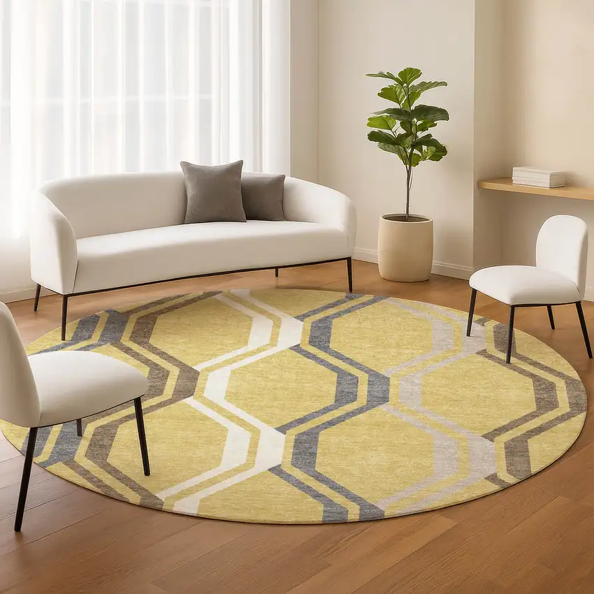 8' Gold Gray And Ivory Round Geometric Washable Indoor Outdoor Area Rug Photo 9