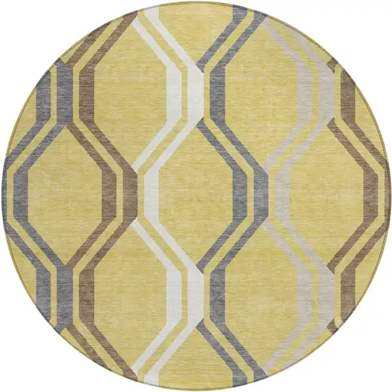 8' Gold Gray And Ivory Round Geometric Washable Indoor Outdoor Area Rug Photo 2