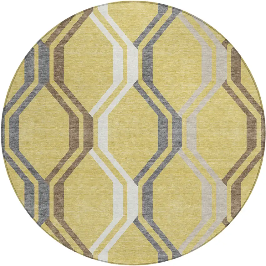 8' Gold Gray And Ivory Round Geometric Washable Indoor Outdoor Area Rug Photo 2