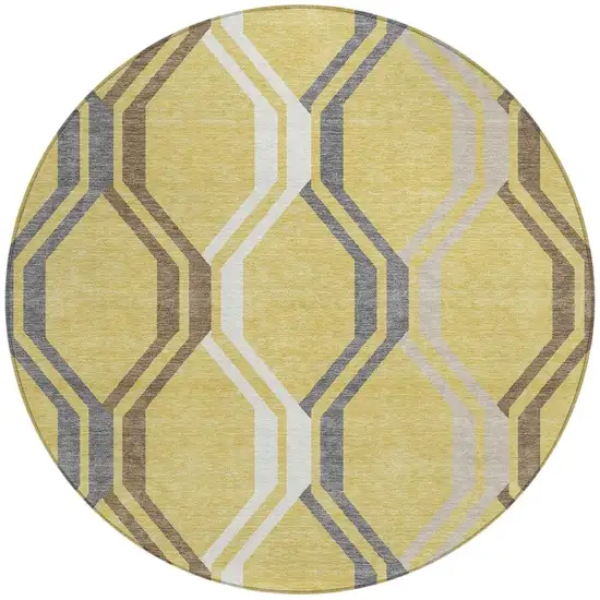 8' Gold Gray And Ivory Round Geometric Washable Indoor Outdoor Area Rug Photo 4
