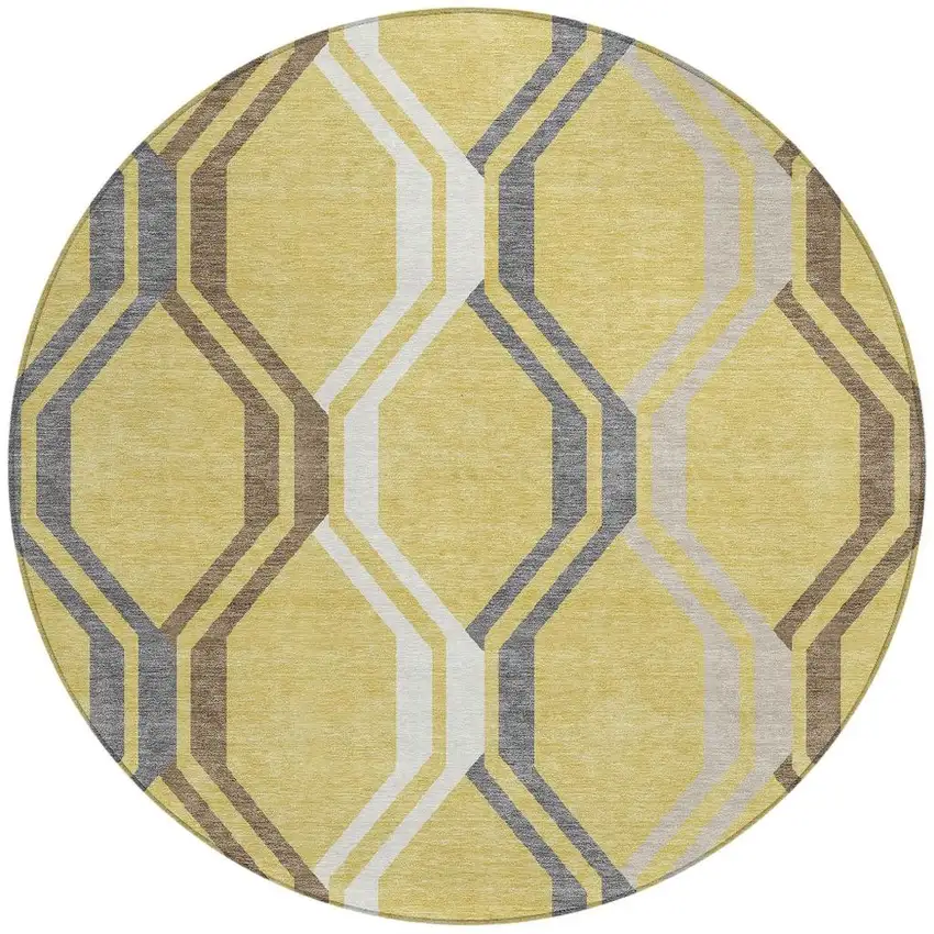 8' Gold Gray And Ivory Round Geometric Washable Indoor Outdoor Area Rug Photo 4