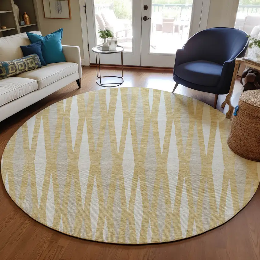 8' Gold Gray And Ivory Round Geometric Washable Indoor Outdoor Area Rug Photo 7