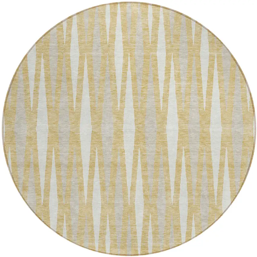 8' Gold Gray And Ivory Round Geometric Washable Indoor Outdoor Area Rug Photo 2