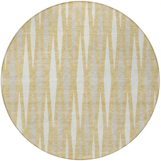 8' Gold Gray And Ivory Round Geometric Washable Indoor Outdoor Area Rug Photo 5