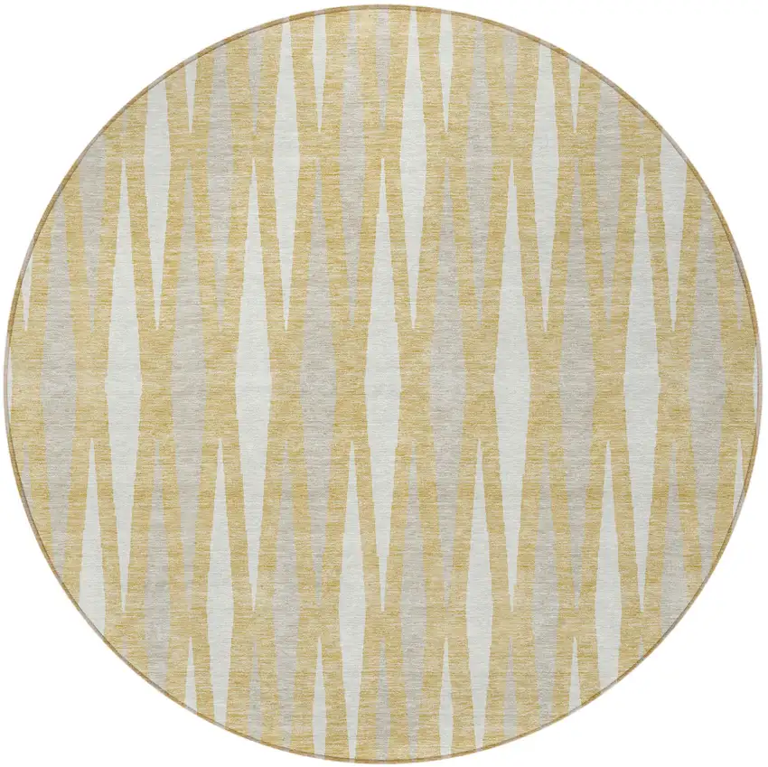 8' Gold Gray And Ivory Round Geometric Washable Indoor Outdoor Area Rug Photo 5
