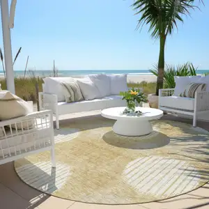 Photo of 8' Gold Gray And Ivory Round Geometric Washable Indoor Outdoor Area Rug