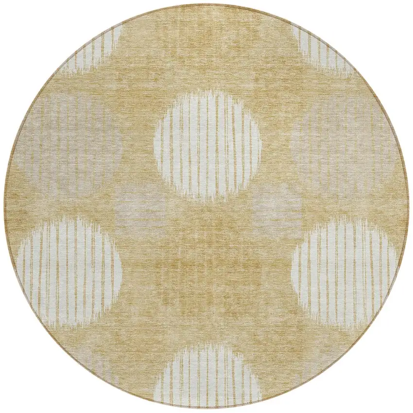 8' Gold Gray And Ivory Round Geometric Washable Indoor Outdoor Area Rug Photo 5