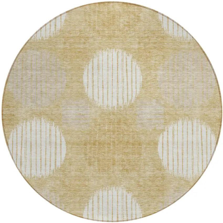 8' Gold Gray And Ivory Round Geometric Washable Indoor Outdoor Area Rug Photo 2