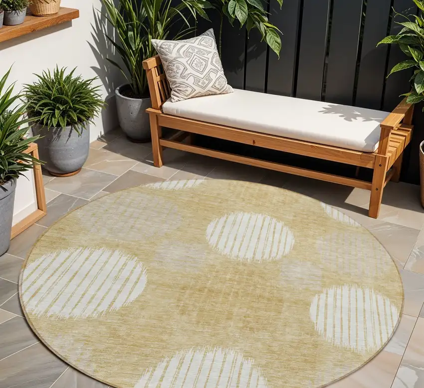 8' Gold Gray And Ivory Round Geometric Washable Indoor Outdoor Area Rug Photo 1