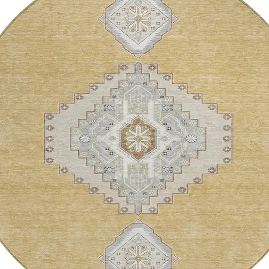 8' Gold Gray And Ivory Round Oriental Washable Indoor Outdoor Area Rug Photo 4