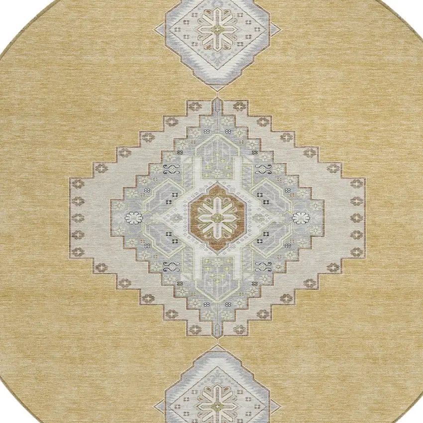8' Gold Gray And Ivory Round Oriental Washable Indoor Outdoor Area Rug Photo 4