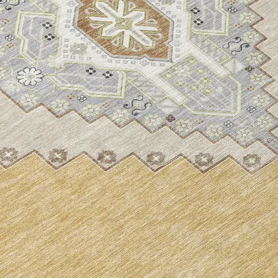 8' Gold Gray And Ivory Round Oriental Washable Indoor Outdoor Area Rug Photo 5