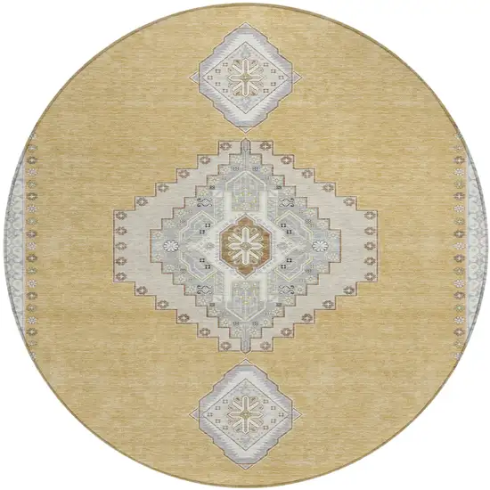8' Gold Gray And Ivory Round Oriental Washable Indoor Outdoor Area Rug Photo 2