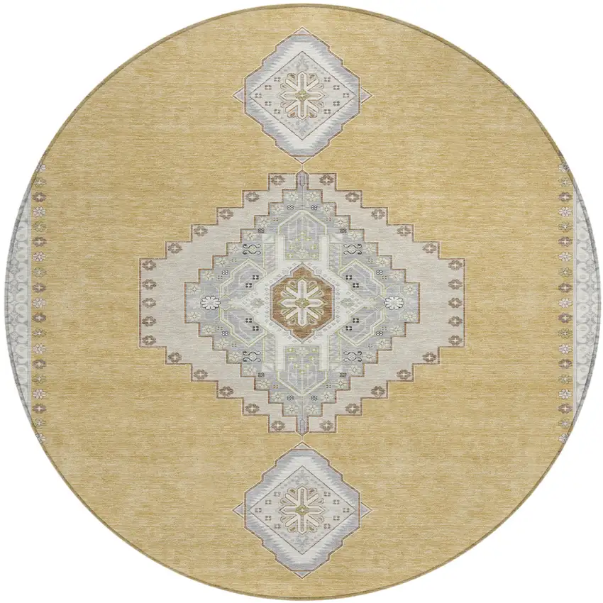 8' Gold Gray And Ivory Round Oriental Washable Indoor Outdoor Area Rug Photo 2