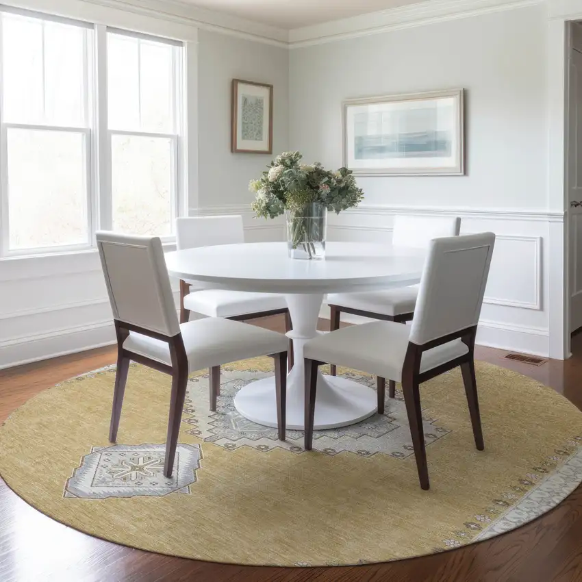 8' Gold Gray And Ivory Round Oriental Washable Indoor Outdoor Area Rug Photo 8