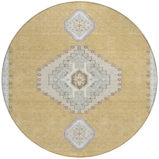 8' Gold Gray And Ivory Round Oriental Washable Indoor Outdoor Area Rug Photo 6