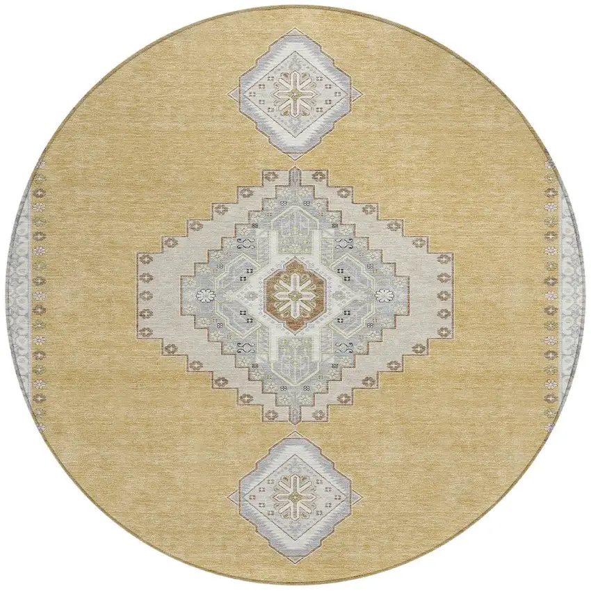 8' Gold Gray And Ivory Round Oriental Washable Indoor Outdoor Area Rug Photo 6