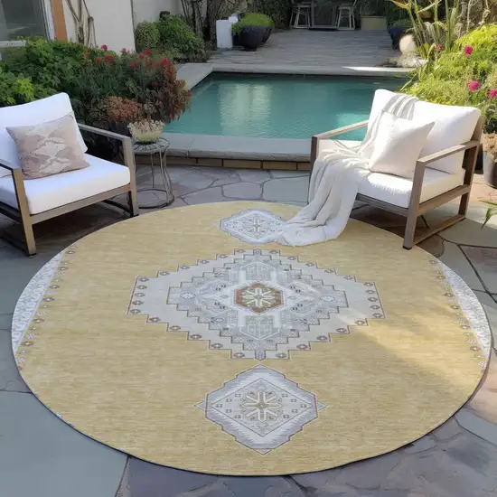8' Gold Gray And Ivory Round Oriental Washable Indoor Outdoor Area Rug Photo 7