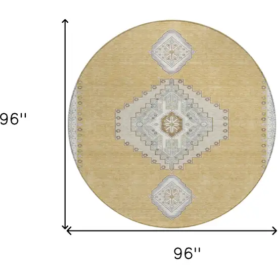 8' Gold Gray And Ivory Round Oriental Washable Indoor Outdoor Area Rug Photo 3