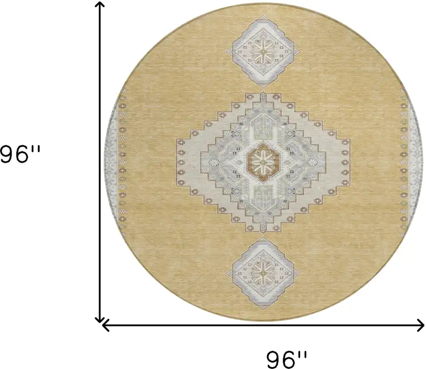 8' Gold Gray And Ivory Round Oriental Washable Indoor Outdoor Area Rug Photo 3