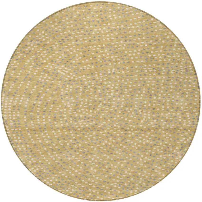 8' Gold Gray And Ivory Round Polka Dot Washable Indoor Outdoor Area Rug Photo 6