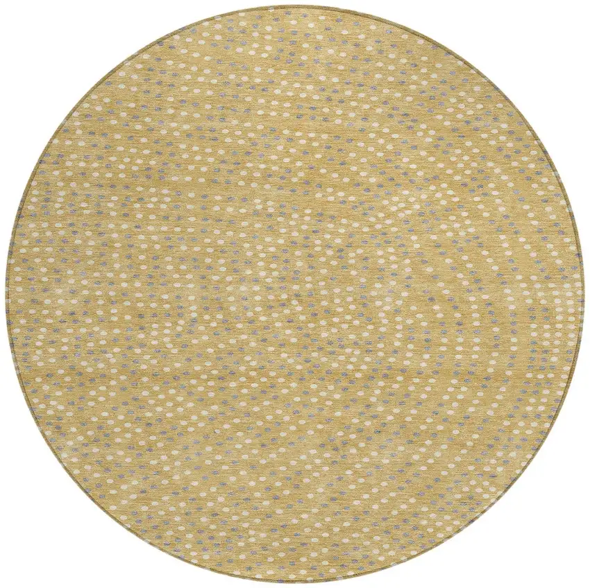 8' Gold Gray And Ivory Round Polka Dot Washable Indoor Outdoor Area Rug Photo 5