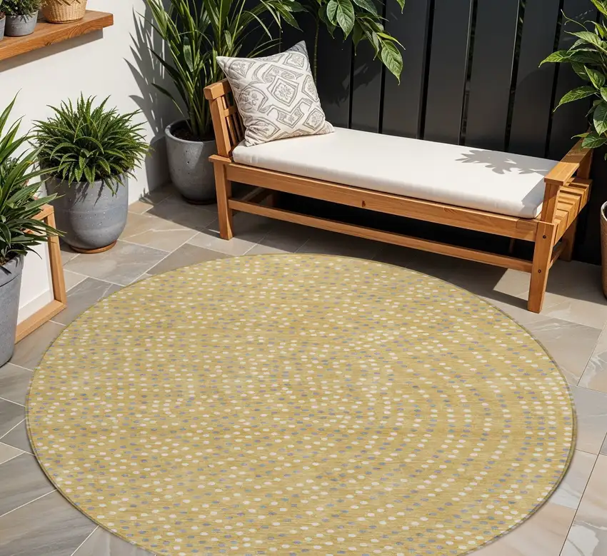 8' Gold Gray And Ivory Round Polka Dot Washable Indoor Outdoor Area Rug Photo 1