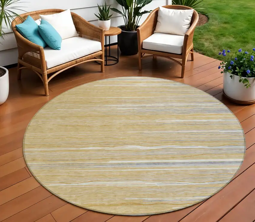 8' Gold Gray And Ivory Round Striped Washable Indoor Outdoor Area Rug Photo 8