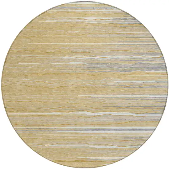 8' Gold Gray And Ivory Round Striped Washable Indoor Outdoor Area Rug Photo 1
