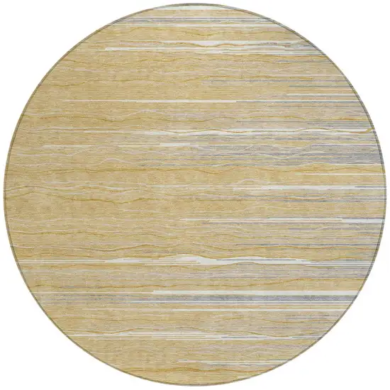 8' Gold Gray And Ivory Round Striped Washable Indoor Outdoor Area Rug Photo 4